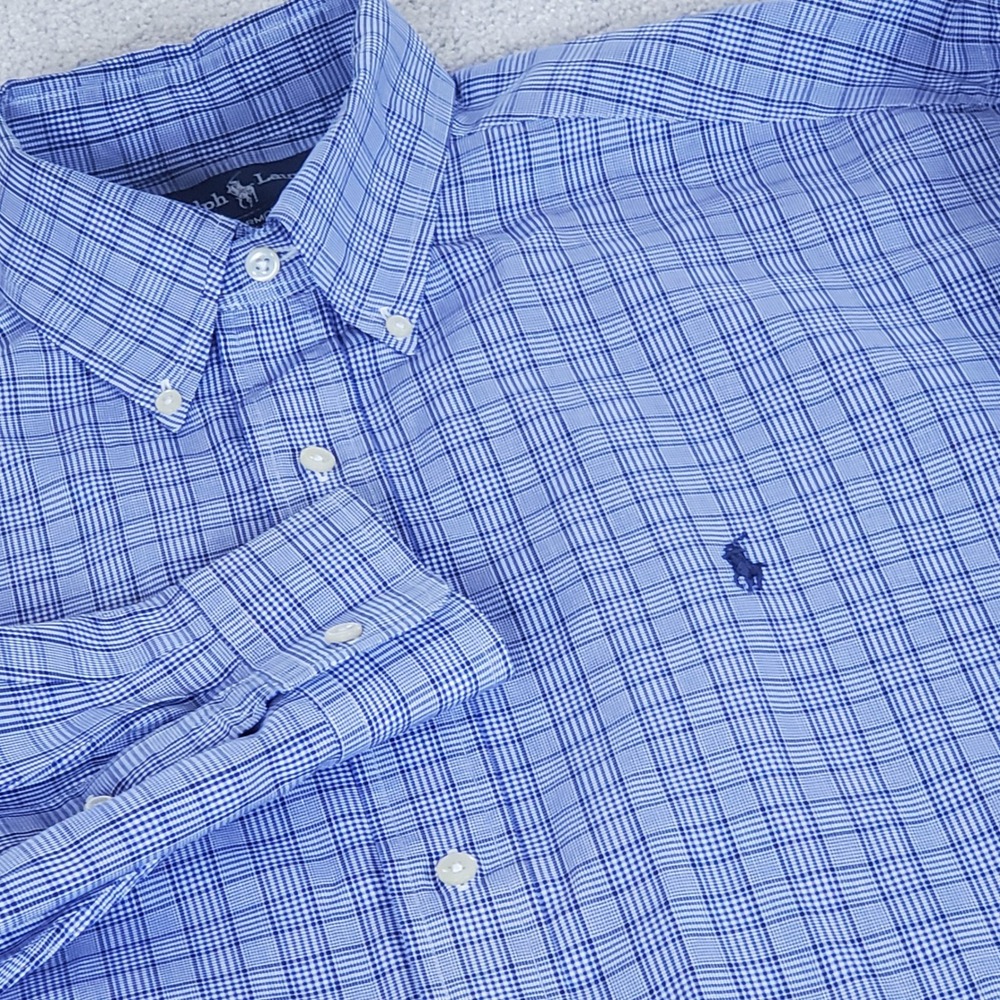 Ralph Lauren Button Down Shirt Men's XL 16.5 32/33 Blue Plaid Yarmouth Cotton